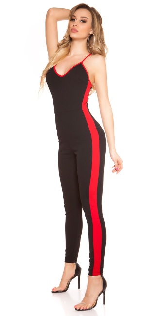 Sexy jumpsuit met contrast strepen zwartrood